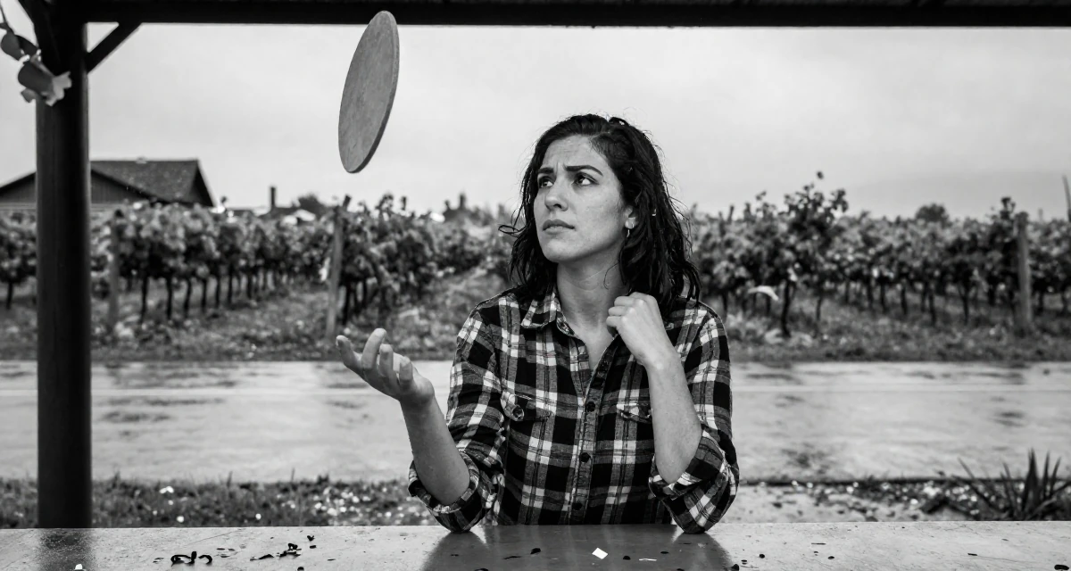 A troubled Female From Paraguay, majored in accounting in their 23, juggling sensual creativity with real-life responsibilities, wearing a casual plaid button-down, fixing a collar in a bus stop in the rain.