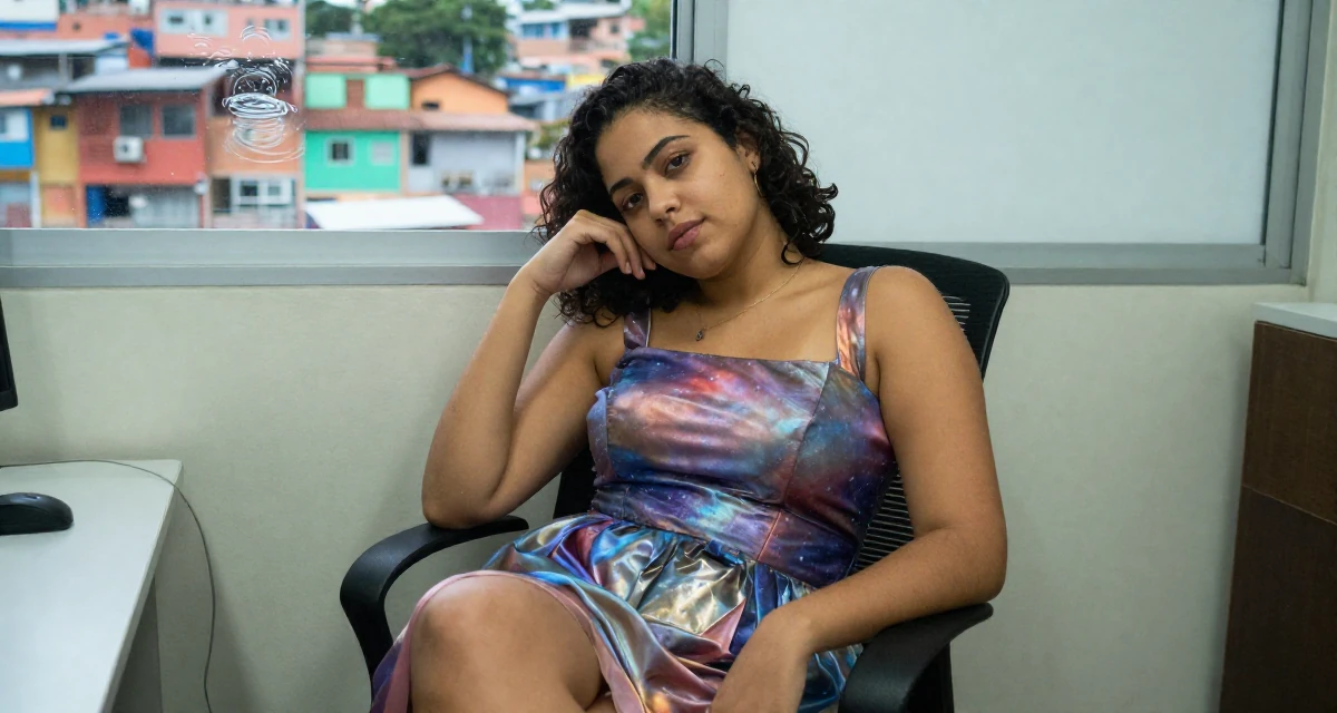 A relaxed and carefree Female Once a logistics coordinator, now creating body-positivity material in their 23, learning to express sensuality without crossing personal limits, wearing a galactic princess gown with metallic fabrics, leaning head on a hand in a office break room.