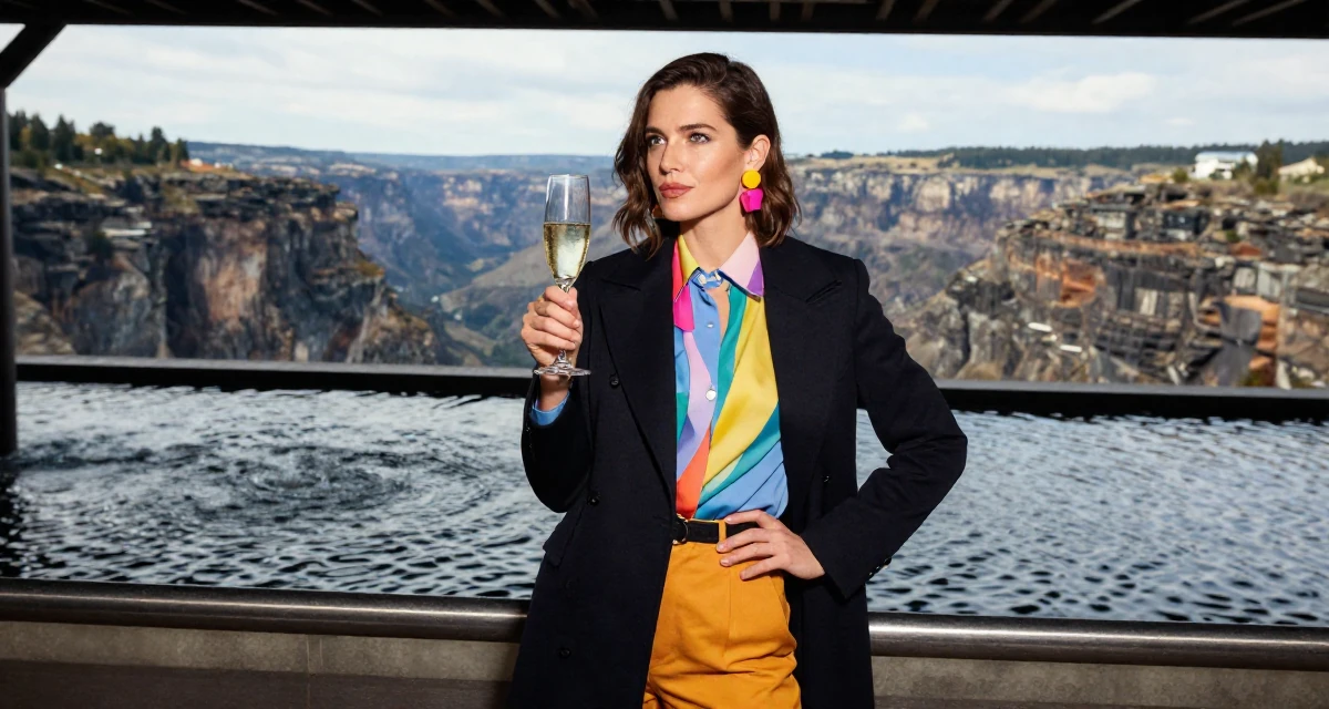 A lighthearted Female From Vienna Austria, studied stage performance and sensual movement in their 30, carrying the weight of years of hustling online, wearing a pop of color accessory look, holding a champagne glass in a subway station.