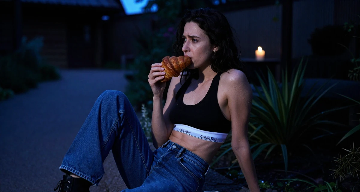 A stressed Female From Finland, based in Espoo, graduated from a design institute majoring in atmospheric lighting arts in their 28, questioning whether to scale up or scale back, wearing a classic calvin klein style sports bra and jeans, eating a croissant in a zoo pathway.