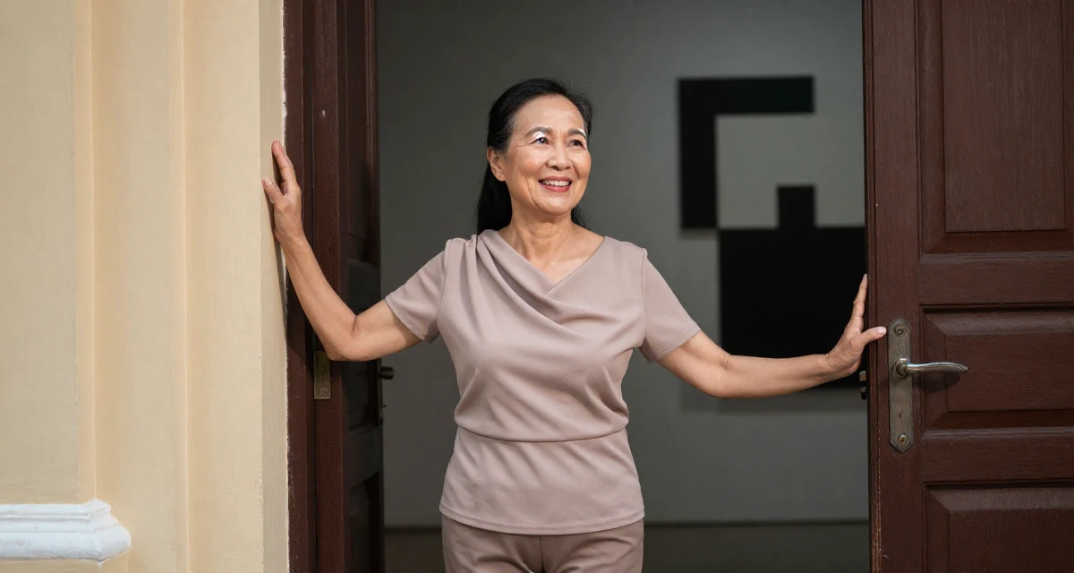 A radiant Female From Hanoi Vietnam, holds a degree in economics in their 48, grandmother sharing joy and family recipes, wearing a draped neckline top and fitted slacks, pushing a door open in a historic downtown.
