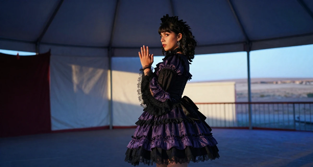 A stoic and strong Female From Mexico City Mexico, learned expressive movement through Latin dance in their 25, building a loyal fanbase with tasteful flirty storytelling, wearing a elaborate gothic lolita dress with frills and lace, clasping hands together in a circus tent interior.