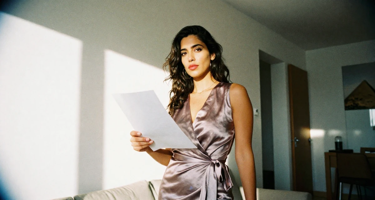A confident Female From Lisbon Portugal, majored in digital communication in their 25, deciding to start a business or bold project, wearing a satin wrap dress tied loosely at the waist, holding a piece of paper in a modern apartment.