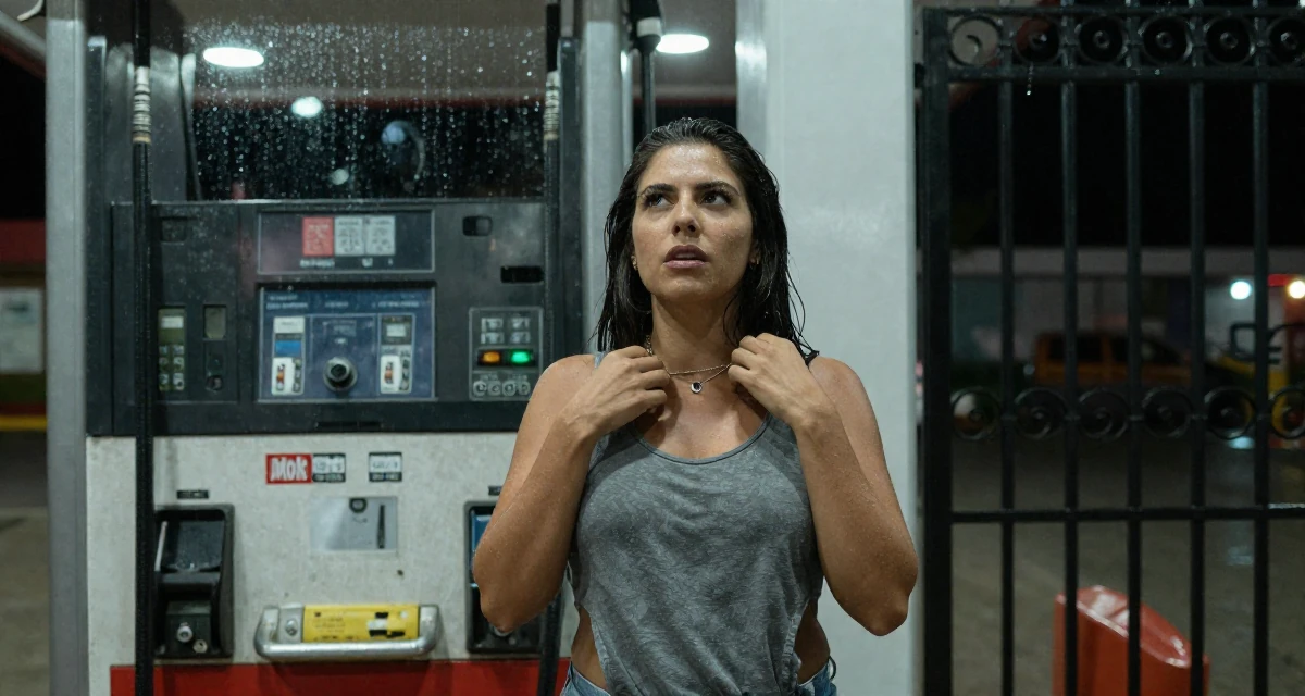 A bold and charismatic Female From Ecuador, studied system engineering in their 37, trying to stabilize income streams, wearing a loose tank top with deep side cuts, fiddling with a necklace in a gas station at night.