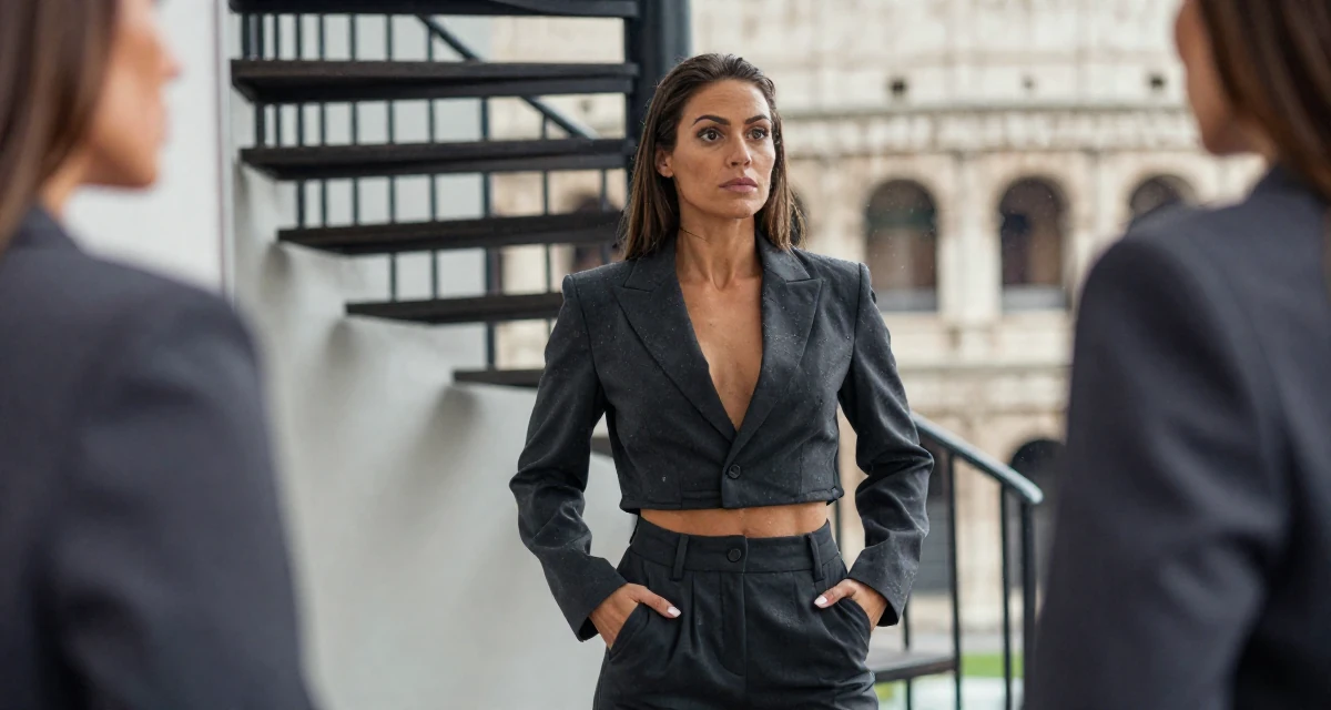 A longing Female From Bergen Norway, focused on natural-light photography in outdoor settings in their 23, learning that creativity doesn’t pay rent—consistency does, wearing a cropped business jacket and high-waisted pants, putting hands in pockets in a vanity mirror.