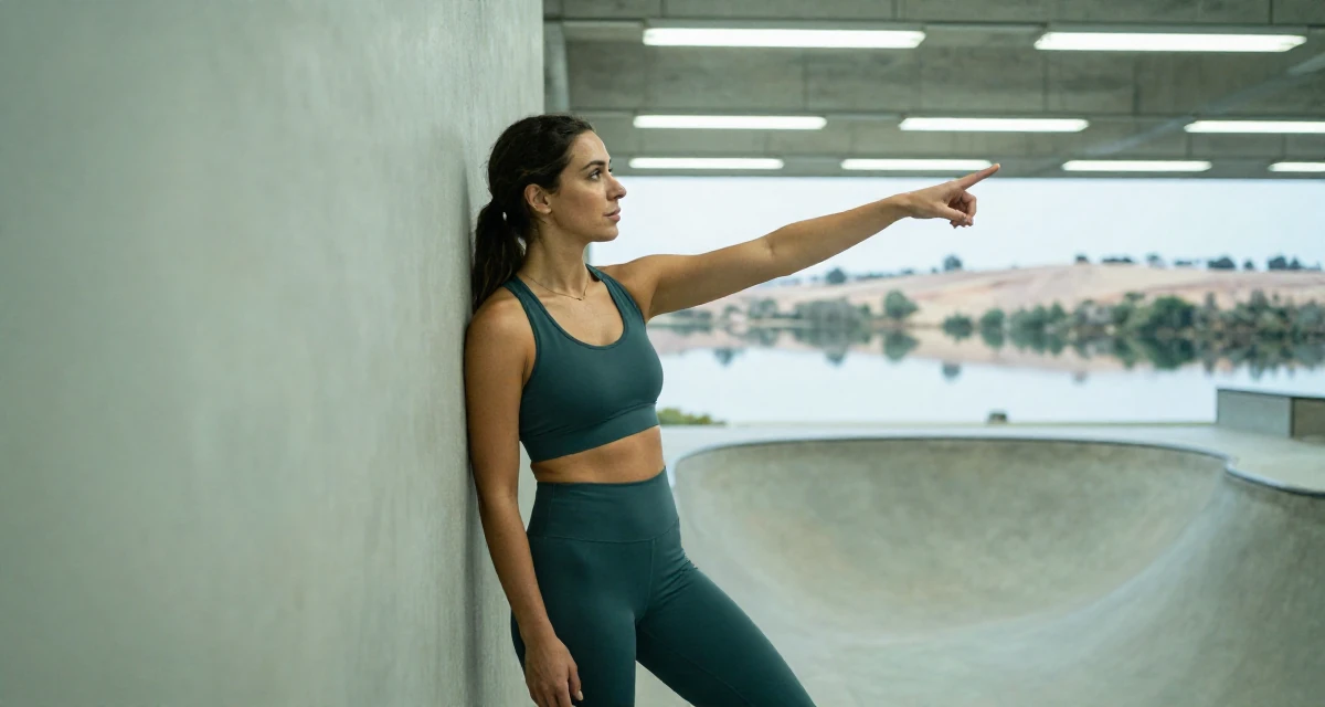 A mysterious Female From Portugal, majored in digital storytelling in their 25, saving up for the first major independent purchase, wearing a form-fitting athletic set with a sports bra and leggings, pointing at something distant in a skate park.