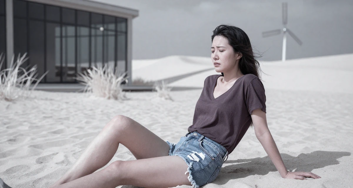 A sorrowful Female From Hangzhou China, studied online commerce and lifestyle branding in their 40, redefining style for the modern professional, wearing a deep v-neck t-shirt and distressed denim shorts, shivering slightly in a desert sand dunes.