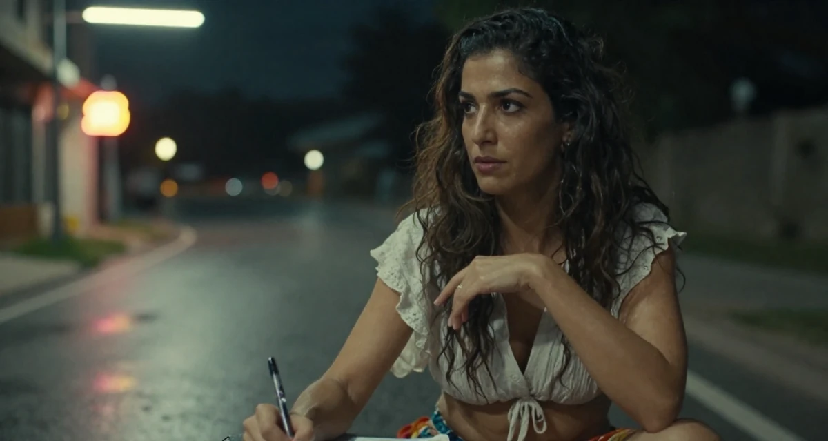 A relaxed and observant Female From Istanbul Türkiye, learned belly dance and expressive movement in their 25, thinking about long-term investments, wearing a breezy summer vacation outfit, holding a pen poised to write in a country road.