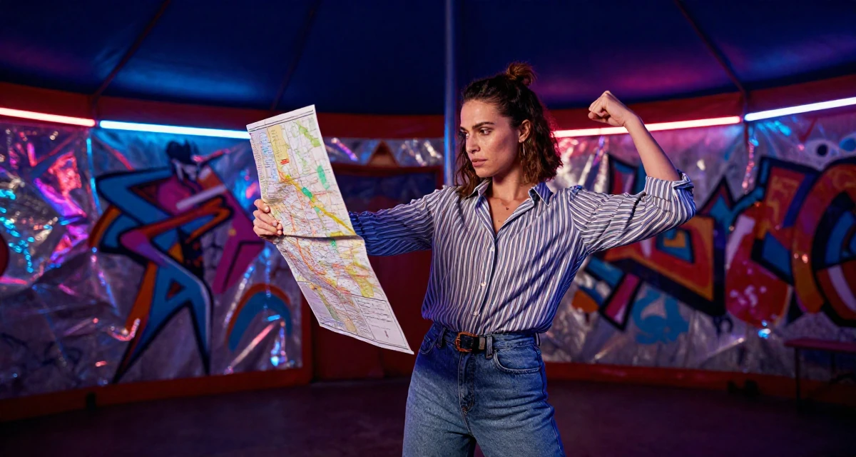 A fragile Female Former fashion retail worker, now curating premium outfit inspiration in their 49, celebrating a life of resilience and grit, wearing a classic striped shirt and jeans, looking at a map in a circus tent interior.