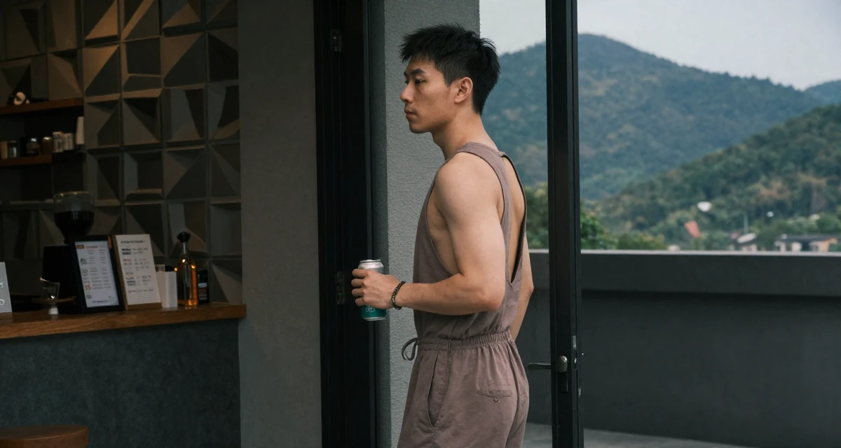 A thoughtfully silent male From Hangzhou China, studied online commerce and lifestyle branding in their 26, exploring digital nomad life, wearing a fitted jumpsuit with an open back design, holding a beverage can in a coffee shop corner.