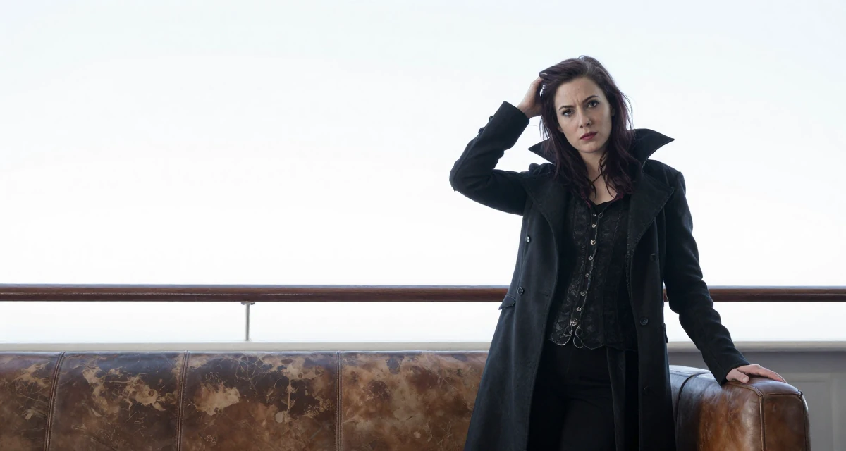 A assured Female From UK, has a background in english literature and theatre in their 23, balancing vulnerability and professionalism, wearing a gothic vampire hunter outfit with a long coat, scratching a head lightly in a cruise ship deck.