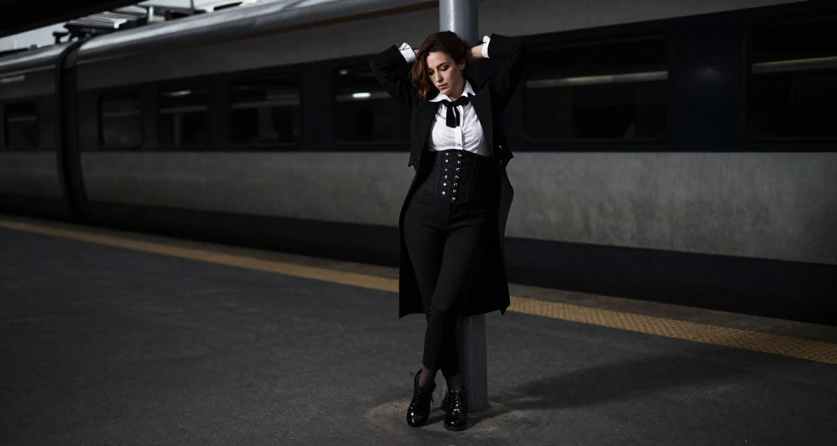 A subtly confident Female From Madrid Spain, studied journalism in their 31, re-evaluating long-term career goals, wearing a circus ringmaster outfit with a tailcoat, looking down at shoes in a train platform.