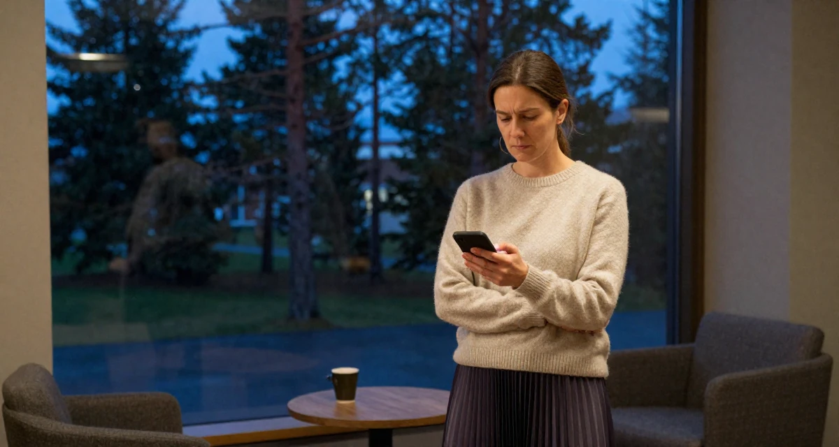 A solemn but kind Female From Iceland, majored in renewable energy studies in their 40, facing mid-career uncertainty, wearing a soft cashmere sweater and a pleated midi skirt, typing a message in a hotel lobby.