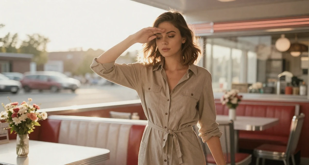 A mellow Female From New York USA, learned editorial posing through fashion internships in their 21, hiding insecurity behind a perfect makeup look, wearing a button-up shirt dress with the top buttons undone, shading eyes with a hand in a retro 50s diner.