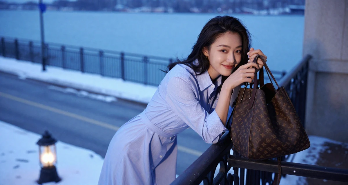 A relaxed and happy Female Once a junior marketing intern, now a full-time creator in their 22, navigating competitive academic environments, wearing a button-up shirt dress with the top buttons undone, looking through a bag in a snowy sidewalk.