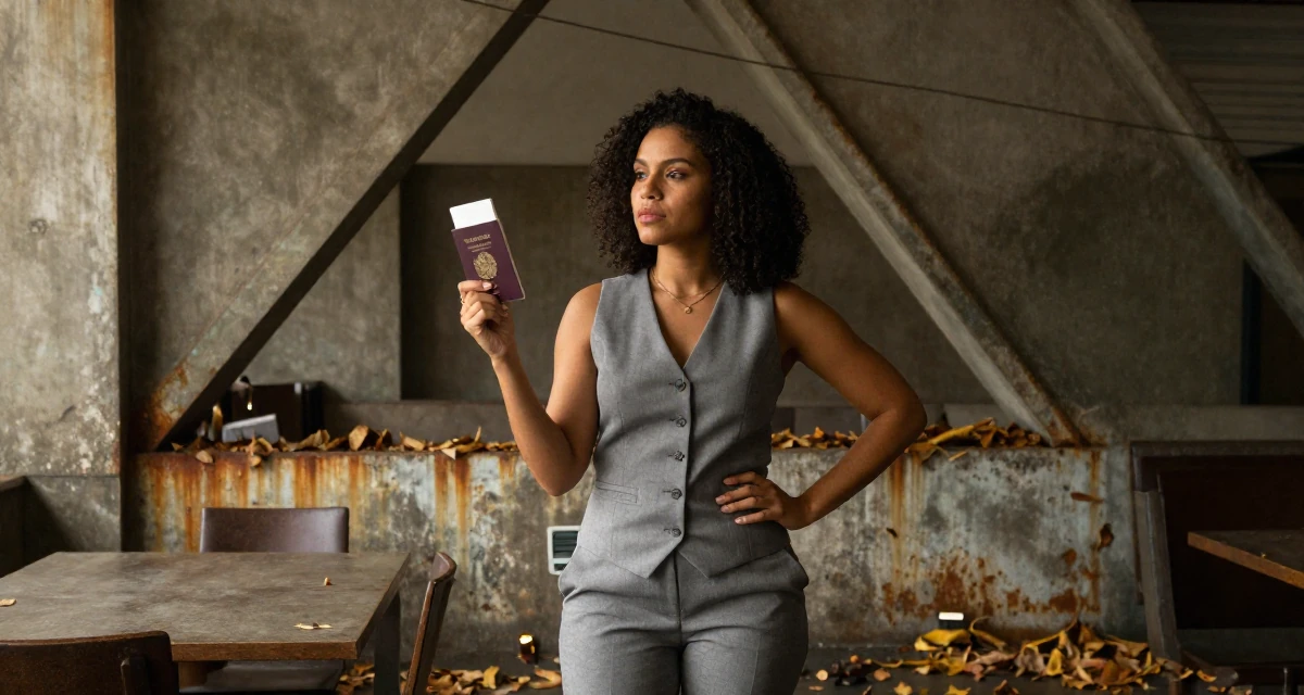 A contemplative Female From Brazil, based in Rio de Janeiro, graduated from an arts academy majoring in performance aesthetics in their 23, figuring out how to show confidence through body language, wearing a grey vest and matching trousers outfit, holding a passport in a dining room.