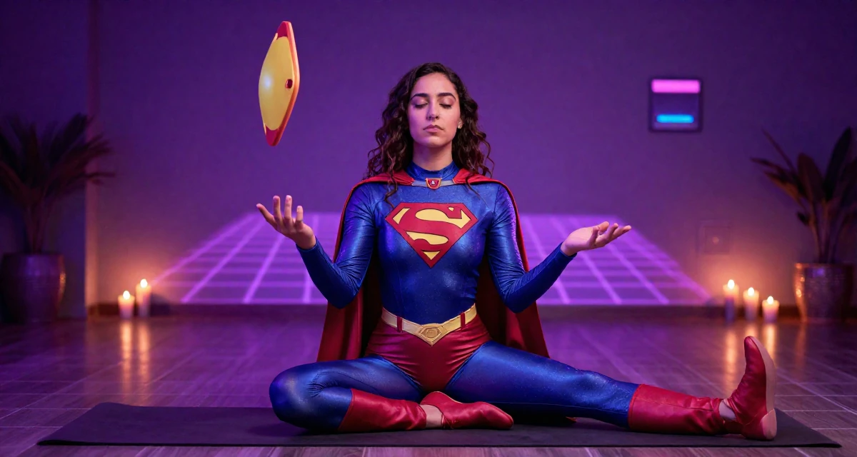 A solemn but kind Female From Cairo Egypt, studied anthropology in their 25, juggling early career and side gigs, wearing a superheroine spandex suit with a cape, tapping a foot in a yoga studio.