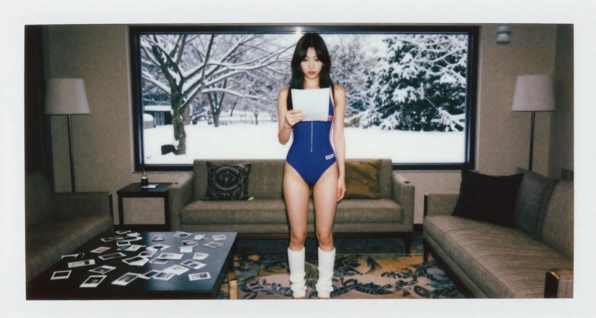 A vulnerable Female From South Korea, based in Jeju, graduated from a fashion school majoring in body language aesthetics in their 22, planning themed sensual shoots for better consistency, wearing a retro 80s workout leotard and leg warmers, holding a piece of paper in a hotel lobby.