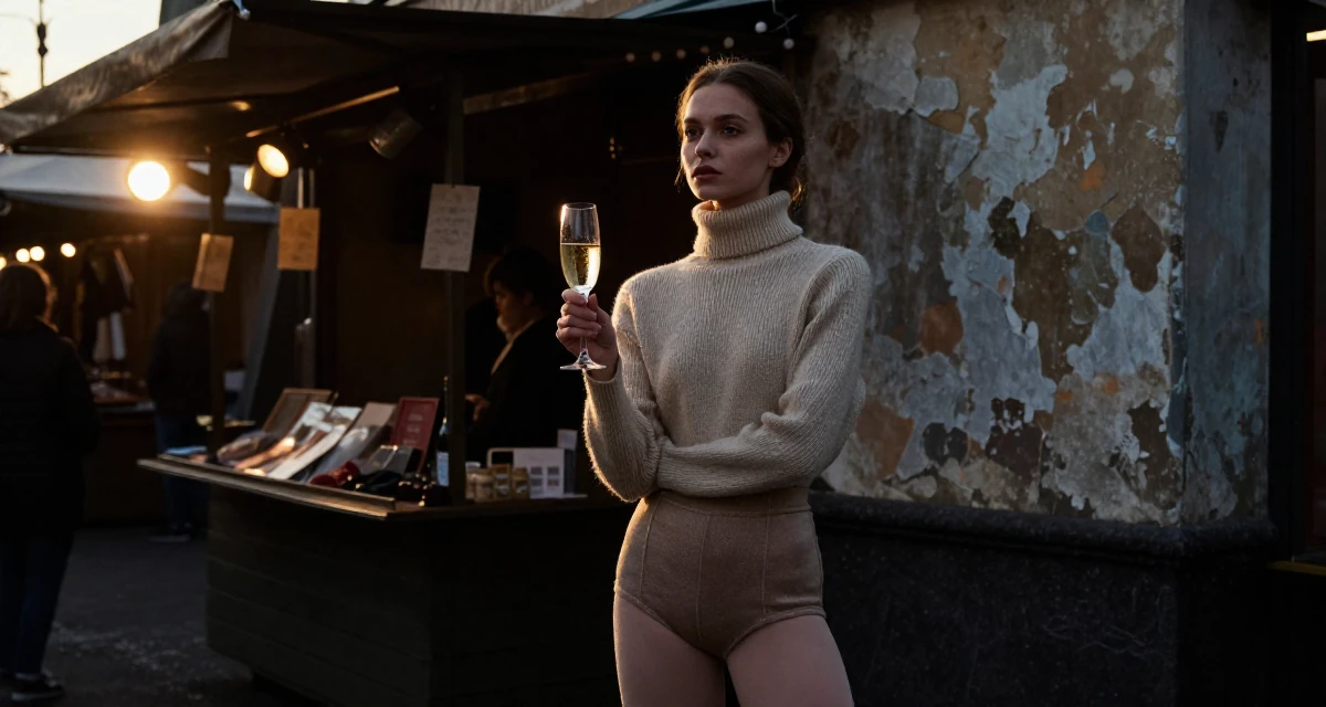 A mysterious Female From Russia, trained as a classical ballerina in their 27, focusing on long-term wealth building, wearing a turtleneck sweater tucked into high-waisted shorts, holding a champagne glass in a night market stall.