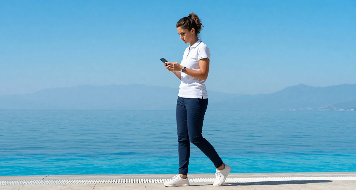 A intense Female From Italy, based in Bologna, graduated from a local university majoring in media production in their 38, handling long working hours, wearing a smart polo shirt and slacks, scrolling casually in a swimming pool.