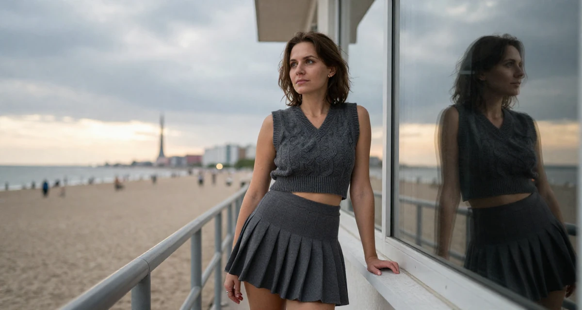 A solemn but kind Female From Russia, studied mathematics and cybernetics in their 35, enjoying a peak physical and mental state, wearing a cropped sweater vest and a pleated mini skirt, checking a reflection in a window in a sunset beach.
