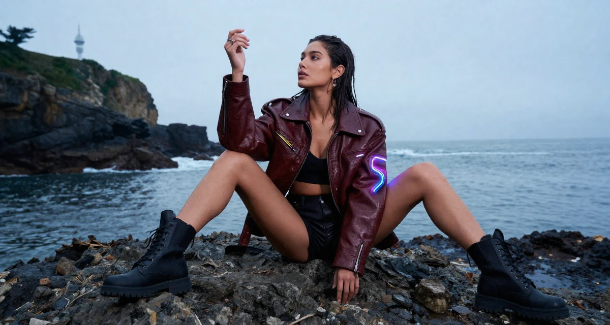 A bewitching Female From Chile, majored in international business at a private university in their 25, standing tall with newfound self-assurance, wearing a vintage-inspired leather jacket look, picking something up in a rocky ocean cliff.