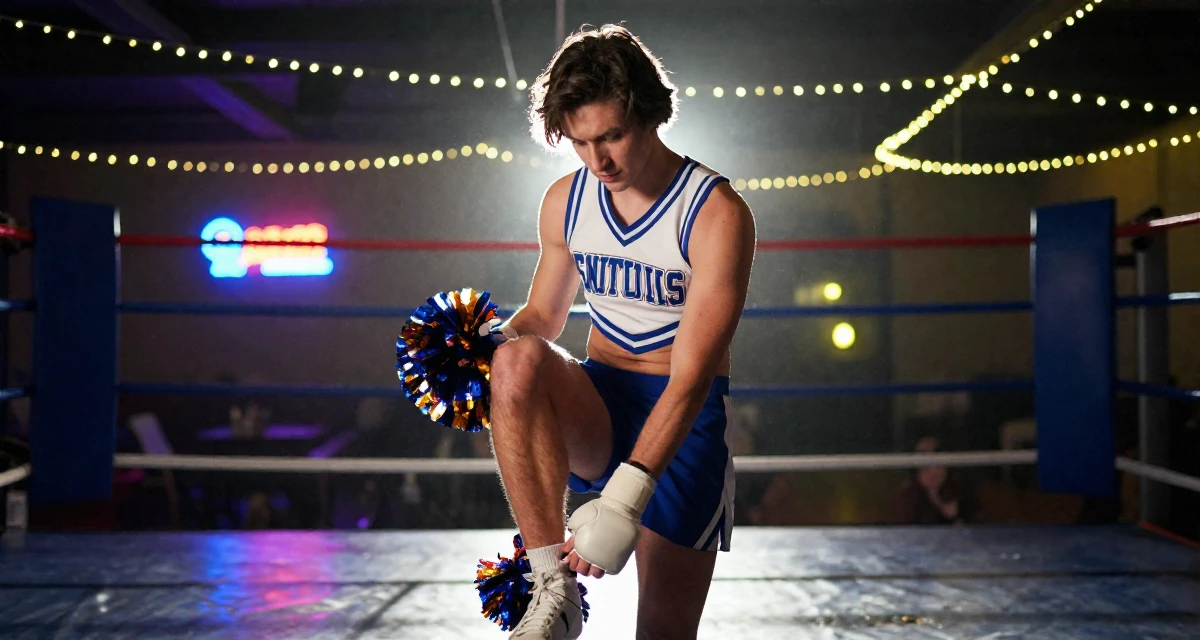 A poised male From the United States, based in Seattle, graduated from a community college majoring in digital marketing in their 22, entering the workforce with limited experience, wearing a cheerleader uniform with a cropped top and pom-poms, adjusting sleeves in a boxing ring.