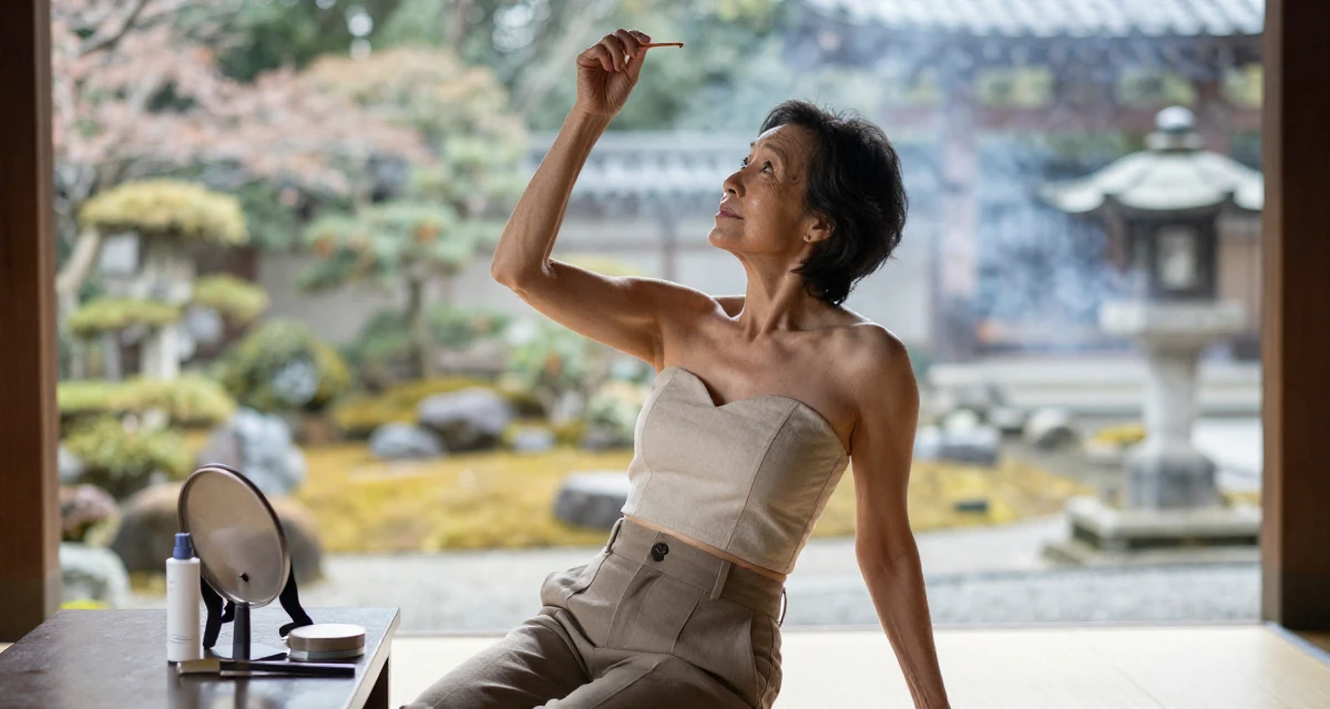 A confident Female From Stockholm Sweden, holds a degree in product design in their 34, focusing on skincare and graceful aging, wearing a cropped bustier top and high-waisted slacks, picking something up in a Japanese Shinto shrine.