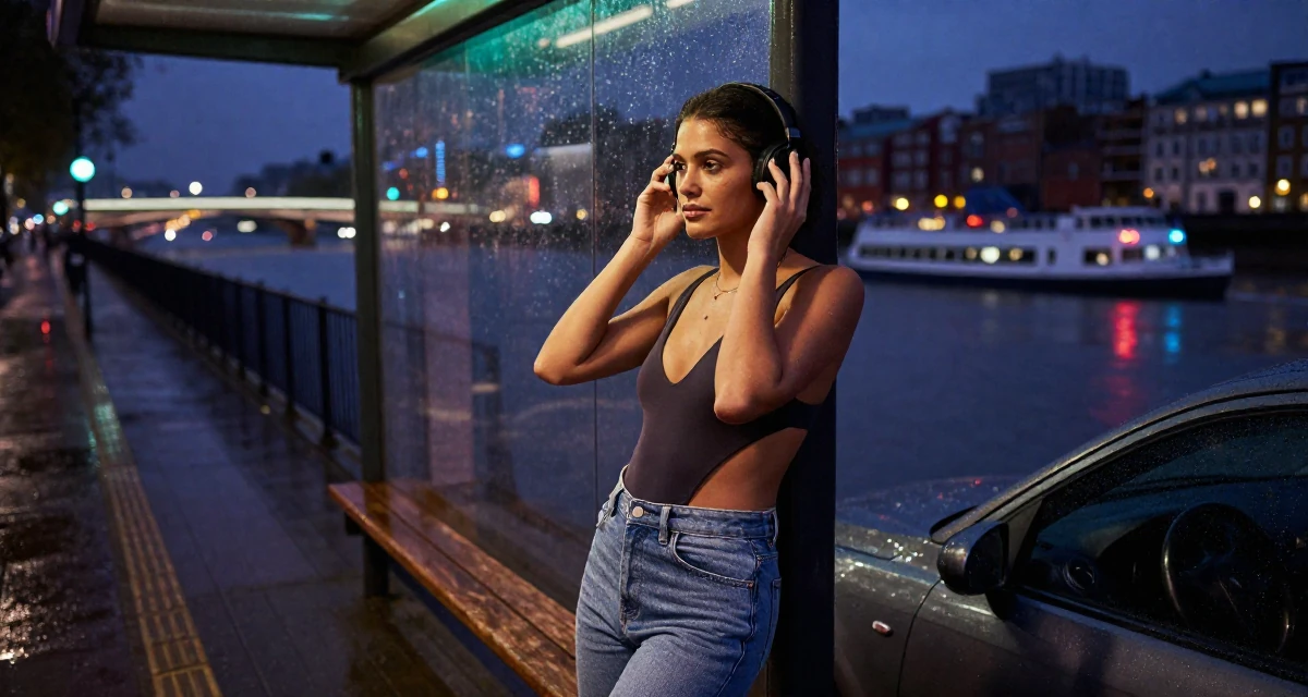 A calmly observant Female From London United Kingdom, majored in media studies in their 35, creating plant-based recipes for families, wearing a open-back bodysuit with vintage denim jeans, adjusting headphones in a bus stop in the rain.