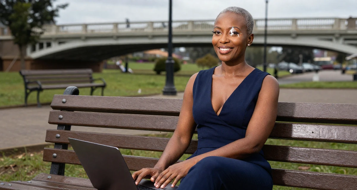 A hopeful Female From Nairobi Kenya, trained in expressive dance and confident movement in their 34, focusing on skincare and graceful aging, wearing a tailored jumpsuit with a deep v-neck, typing on a laptop in a park bench.