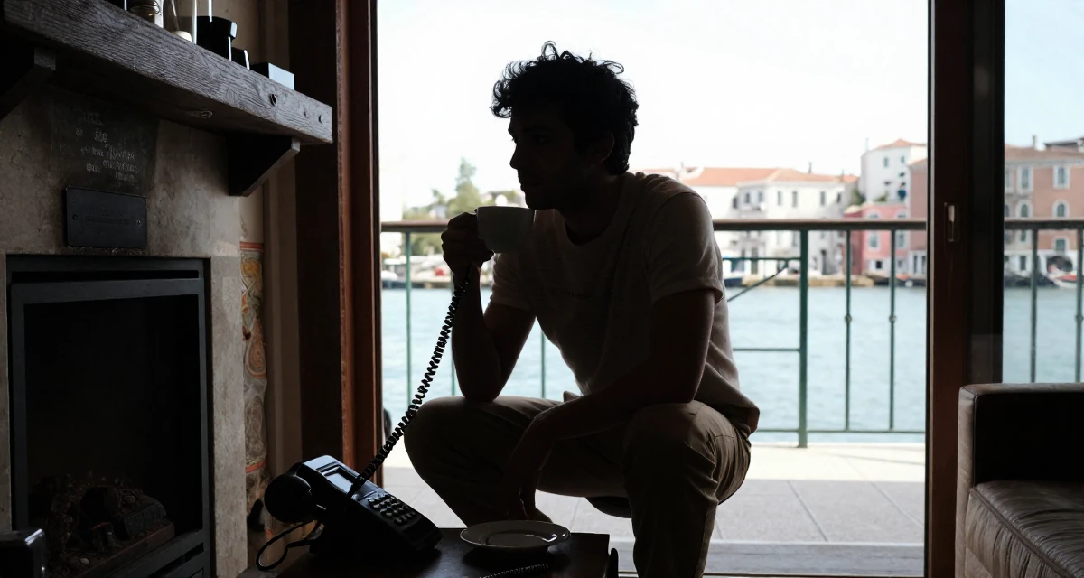 A stoic male From Porto Portugal, studied creative makeup for expressive shoots in their 25, learning to batch-shoot to save time, wearing a retro 90s casual vibe, holding a cup of coffee in a ski lodge fireplace.