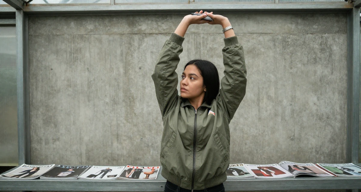 A observant Female From the Philippines, based in Davao, graduated from a communication program majoring in fan engagement dynamics in their 25, adjusting to newfound independence, wearing a retro windbreaker jacket, checking a phone in a greenhouse interior.