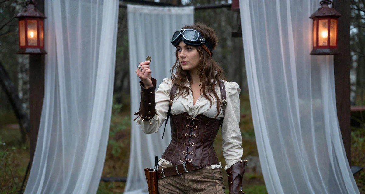 A calm and confident Female From Bergen Norway, focused on natural-light photography in outdoor settings in their 27, embracing natural beauty and minimalism, wearing a steampunk adventurer outfit with a corset and goggles, flipping a coin in a magical forest clearing.