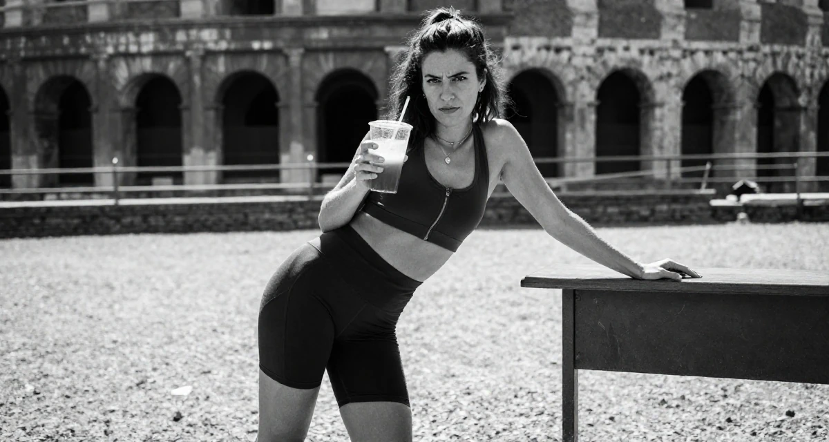 A arrogant Female From Israel, studied behavioral economics in their 24, planning seasonal or holiday-themed drops, wearing a tight biker shorts and a sports bra with a zip front, holding a cold drink in a classroom setting.