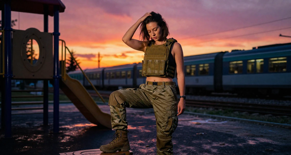 A steady Female From Thessaloniki Greece, practiced warm-tone aesthetic storytelling in their 27, feeling more comfortable in their own skin, wearing a tactical military gear with a cropped vest and cargo pants, looking down at shoes in a school playground.