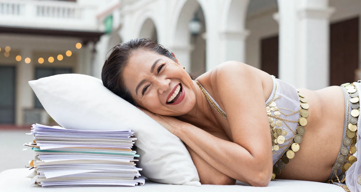 A grateful Female From Cebu Philippines, majored in nursing in their 34, focusing on skincare and graceful aging, wearing a belly dancer outfit with sheer fabrics and coins, laughing uncontrollably in a historic downtown.