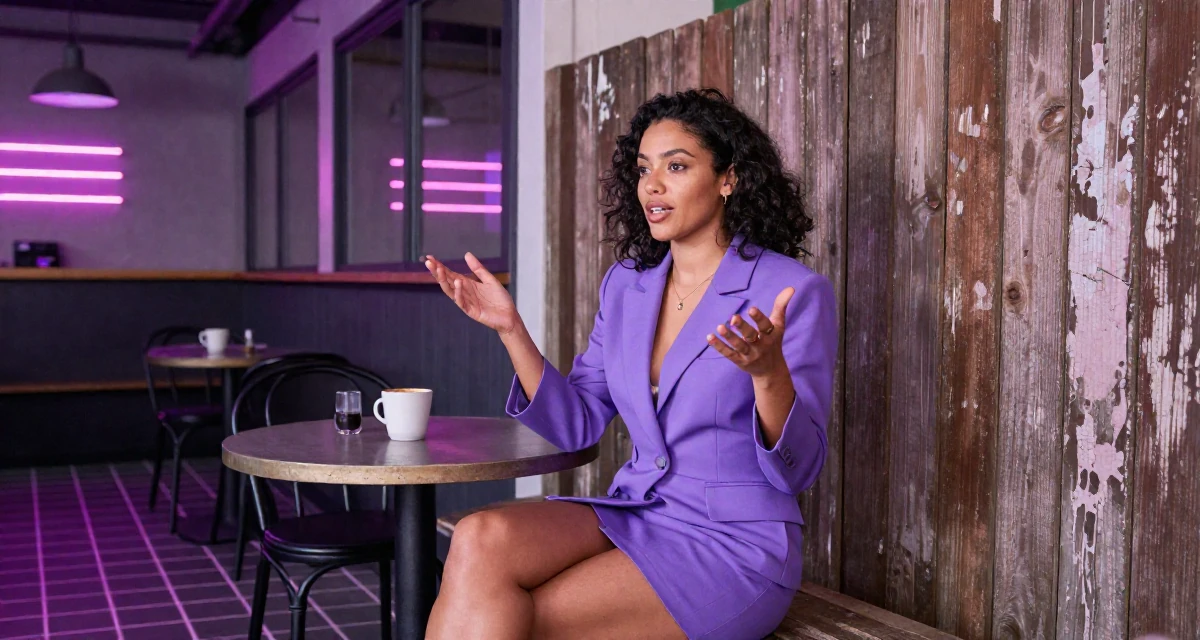 A nostalgic Female From Cape Town South Africa, studied film editing in their 25, appreciating quiet mornings and routines, wearing a tailored shorts suit with a matching jacket, gesturing while talking in a trendy coffee shop.