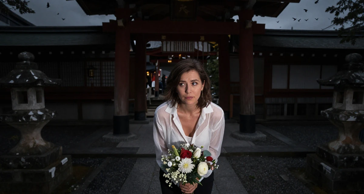 A coy Female From Iceland, based in Hafnarfjörður, graduated from an arts academy majoring in intimate creative expression in their 46, transitioning from employee to founder, wearing a sheer white blouse with a delicate camisole underneath, holding a bouquet in a Japanese Shinto shrine.