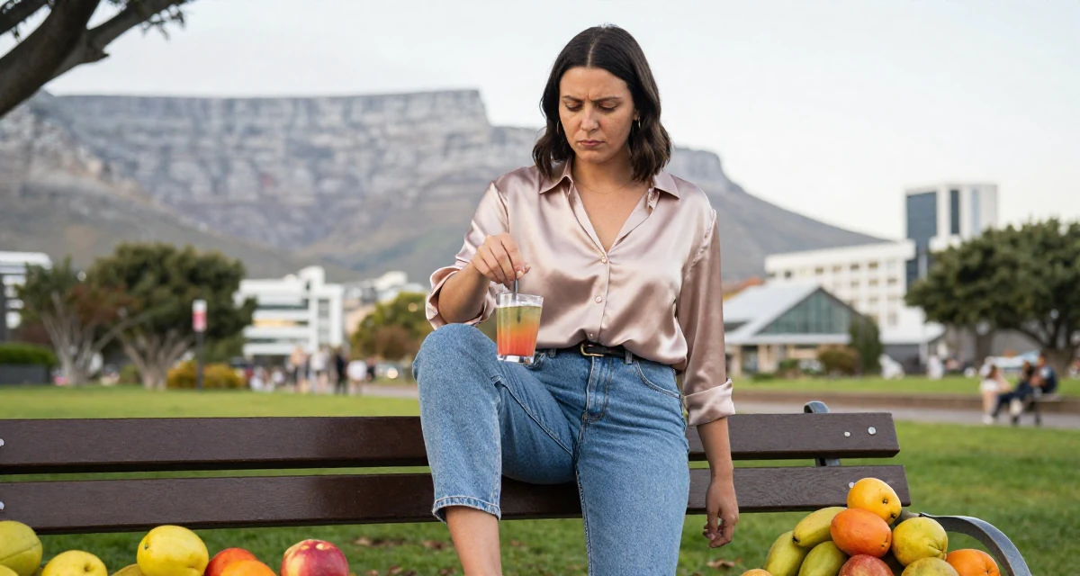 A cynical Female From South Africa, based in Cape Town, graduated from a fashion university majoring in body-positive styling in their 25, setting long-term goals for subscriptions and renewals, wearing a soft silk blouse and jeans, stirring a drink in a park bench.