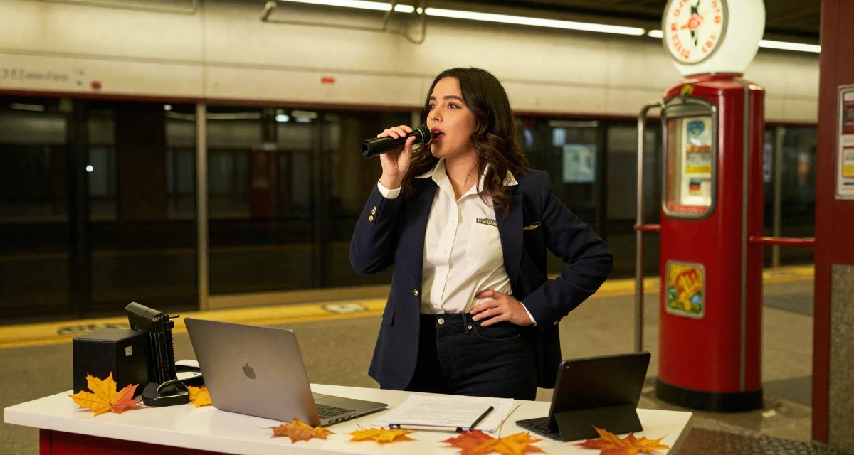 A energetic Female Raised in Peru, studied advertising management in their 39, creating a cozy and safe sanctuary at home, wearing a school council president uniform with a blazer, humming a tune visually in a subway platform.
