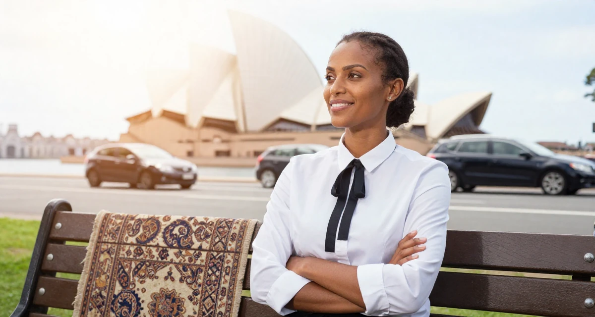A bright and optimistic Female From Ethiopia, studied software development in their 40, fit and active lifestyle advocate, wearing a white shirt with a black ribbon tie, watching traffic pass by in a park bench.