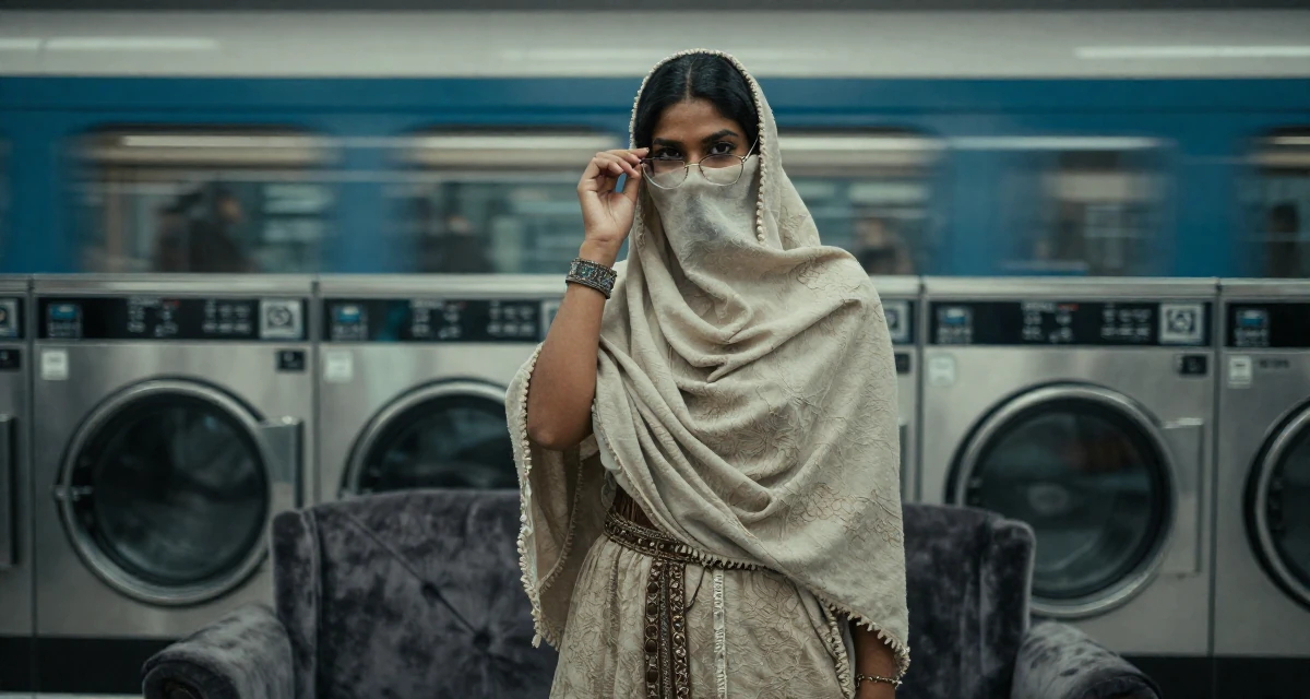 A enigmatic Female From UK, studied anthropology in their 22, feeling powerful when fans appreciate confident vibes, wearing a desert nomad wrap outfit with a face veil, adjusting glasses in a laundromat.