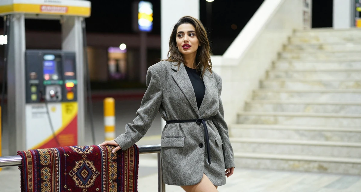 A vibrant and alive Female Born in Iran, majored in multimedia communication in their 27, contemplating a major career pivot, wearing a oversized blazer worn as a dress with a belt, pausing mid-step in a gas station at night.