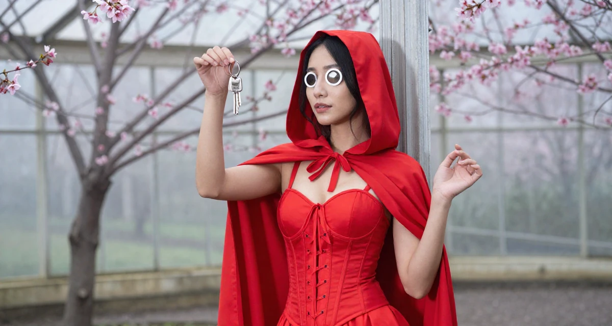 A tranquil Female From Bangkok Thailand, learned nightclub choreography and costume design in their 41, rebuilding confidence after job loss, wearing a red riding hood inspired cape and corset dress, holding a set of keys in a greenhouse interior.