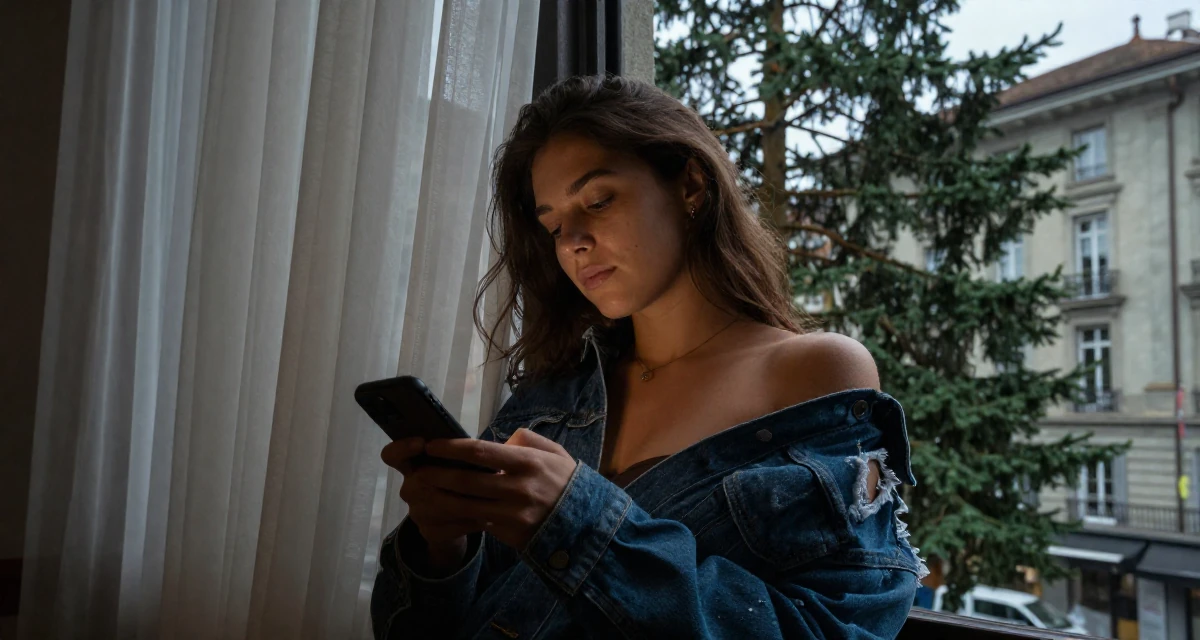 A contemplative Female From Switzerland, based in Geneva, graduated from a local university majoring in communication management in their 22, exploring slow, teasing video styles within comfort limits, wearing a denim jacket worn off-shoulder over a tube top, checking a notification on a phone in a historic downtown.