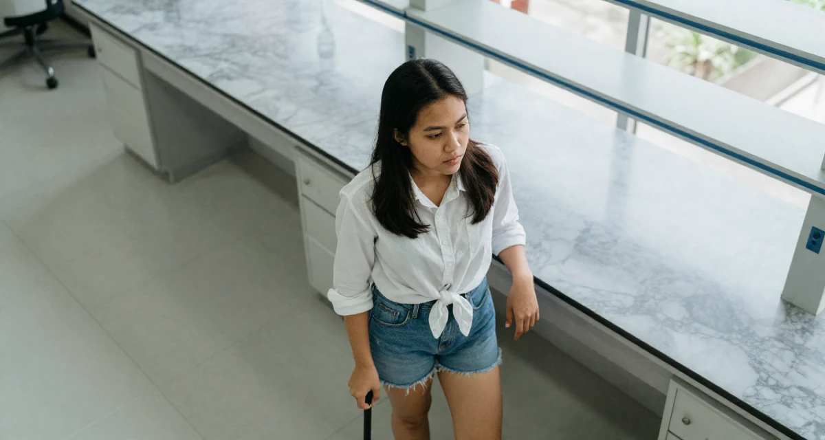 A timid Female From Indonesia, based in Surabaya, graduated from a creative academy majoring in multimedia arts in their 25, balancing school assignments with content ideas, wearing a button-down shirt tied at the waist and denim cutoffs, holding a railing in a science lab.
