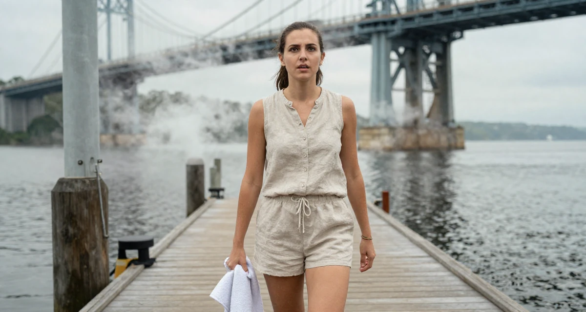A curious and focused Female From United States, studied health science in their 22, using body language to convey mood more than exposure, wearing a chic summer linen outfit, holding a gym towel in a lakeside dock.