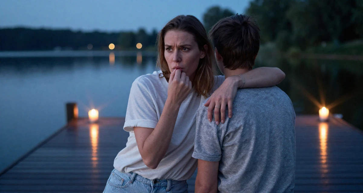A mysterious Female From Warsaw Poland, trained in expressive acting for camera work in their 34, advocating for eco-friendly parenting, wearing a minimalist Scandinavian style, biting a lip thoughtfully in a serene lakeside dock.