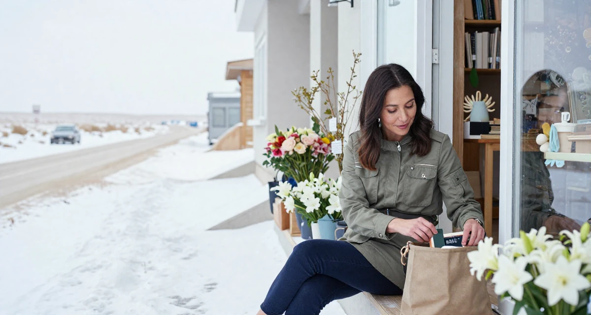 A sympathetic Female Former library assistant, now creating cozy reading-corner aesthetics in their 30, feeling established and financially stable, wearing a modern utilitarian outfit, closing a bag in a flower shop entrance.