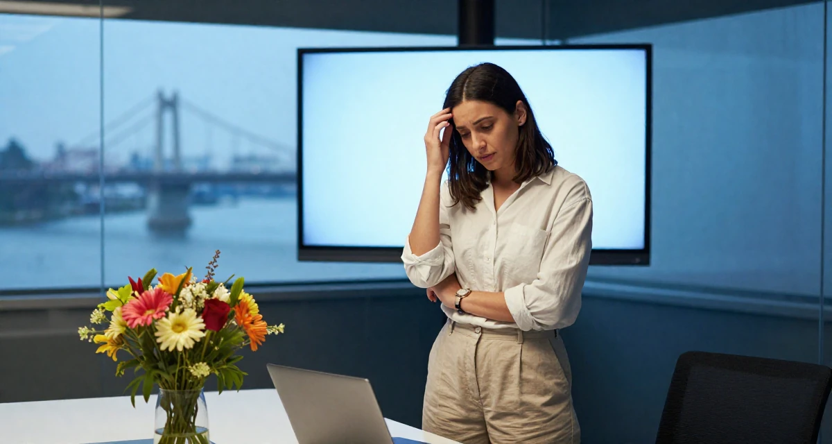 A patient Female From Cairo Egypt, studied anthropology in their 21, drifting between different friend groups, wearing a clean, neutral-toned casual outfit, scratching the head in confusion in a glass-walled conference room.
